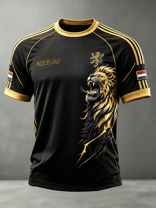 Heren sport-T-shirt in zwart en goud met leeuwenprint