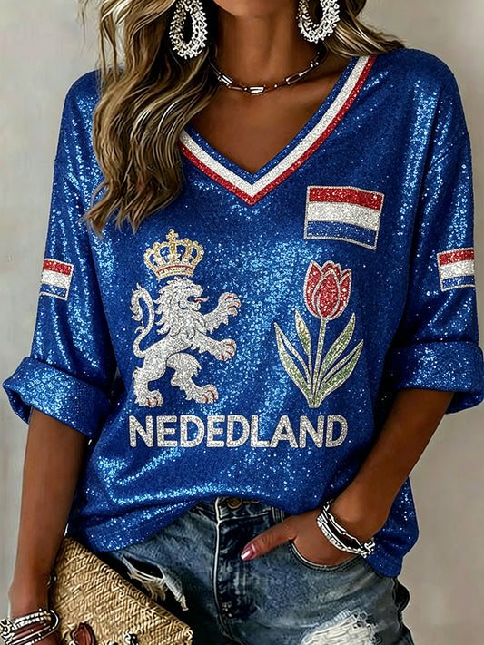 Dames T-shirt met paillettenprint en V-hals, geïnspireerd op Koningsdag