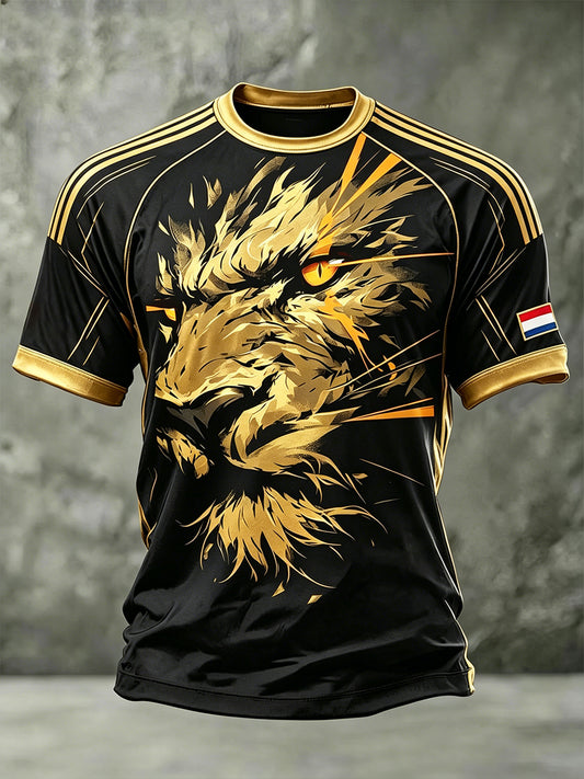 Heren zwart en goud sport T-shirt met leeuwdruk