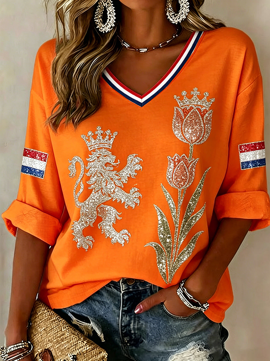 Dames koningsdag-thema met pailletten-print met V-hals