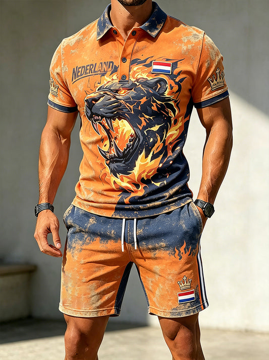 Mannen King's Day-thema bedrukt polo en korte broek met korte mouwen