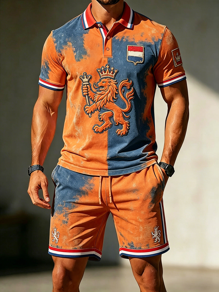 Herenpolo met korte mouwen en shortsset met Koningsdag-thema