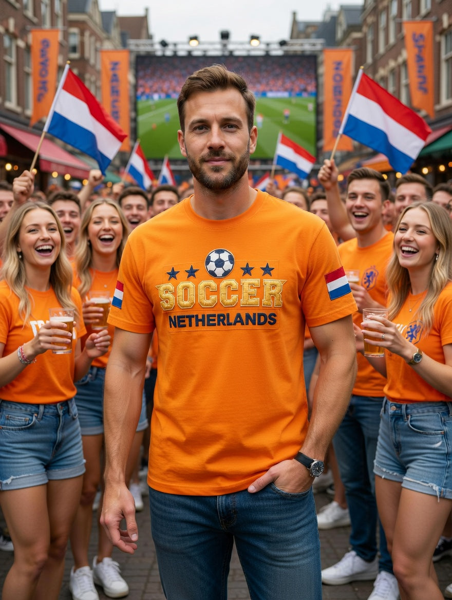 Heren oranje Nederlands voetbal patchworkprint casual t-shirt