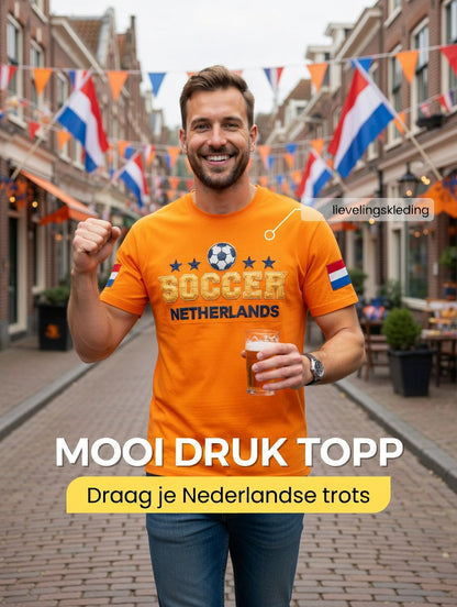 Heren oranje Nederlands voetbal patchworkprint casual t-shirt