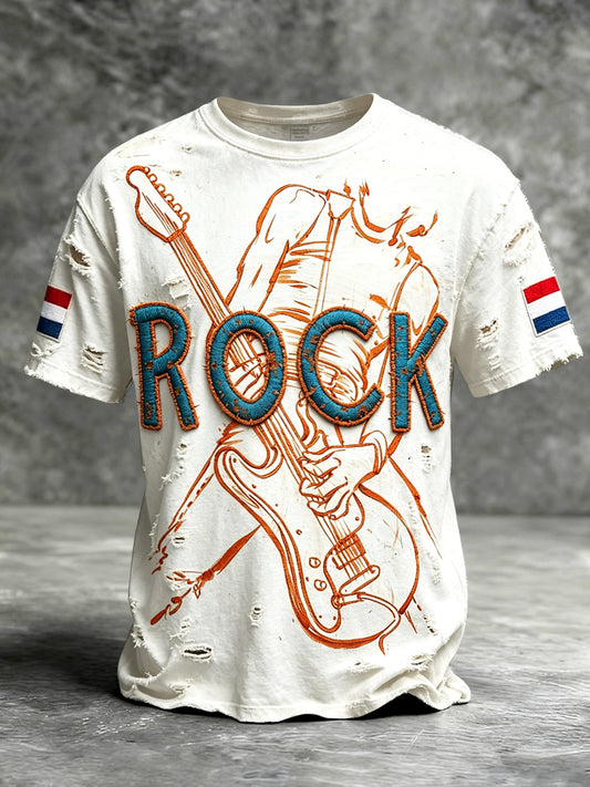Heren Vintage Wit Nederlands Rockmuziek Versleten Print Casual T-shirt