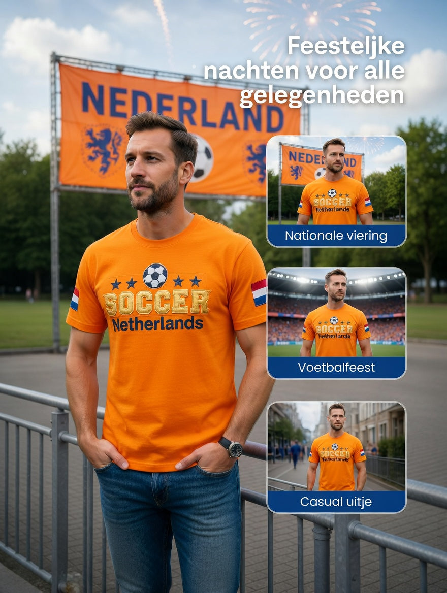 Heren oranje Nederlands voetbal patchworkprint casual t-shirt
