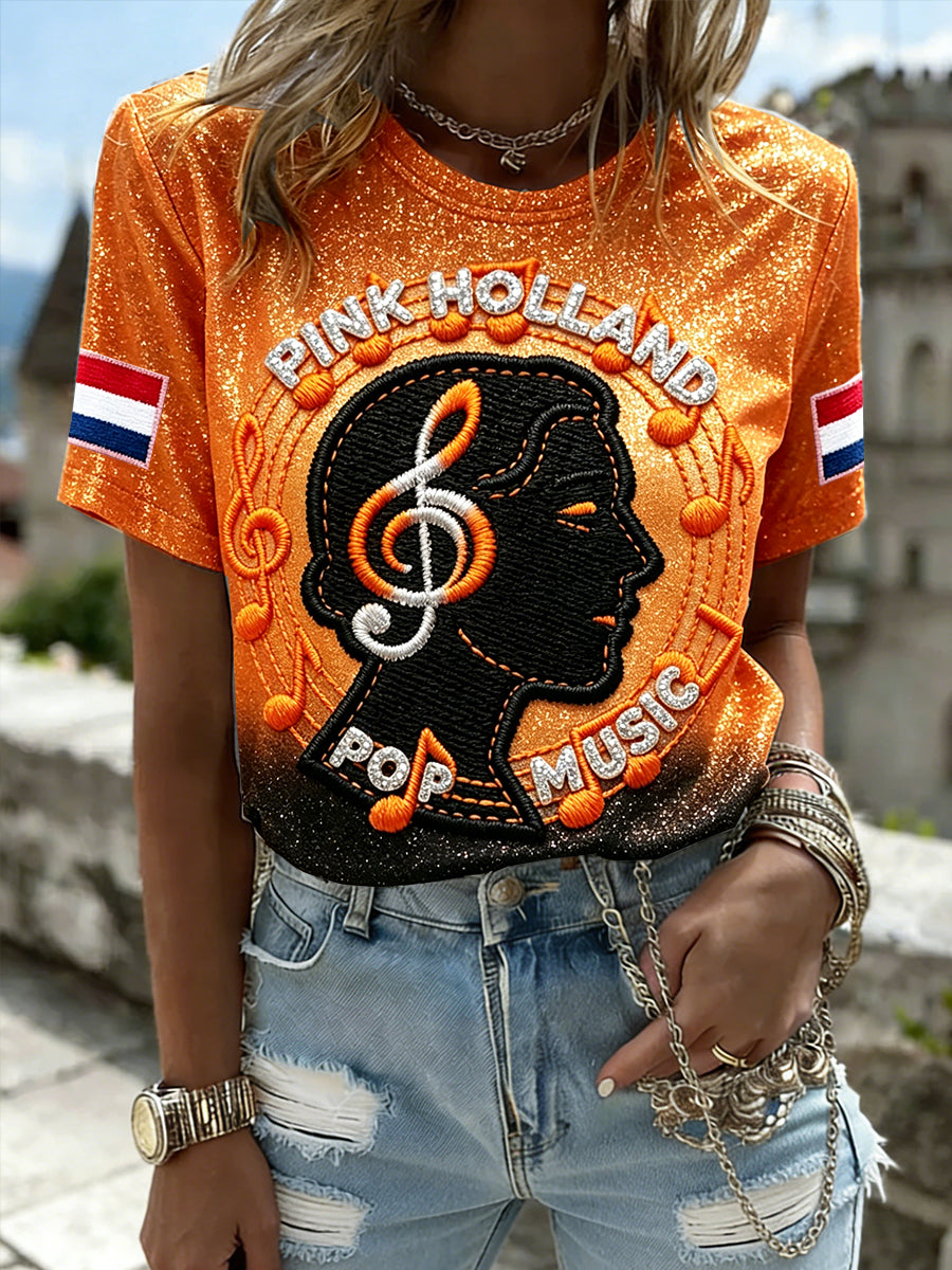 Dames oranje glitter Nederlandse popmuziek print casual t-shirt