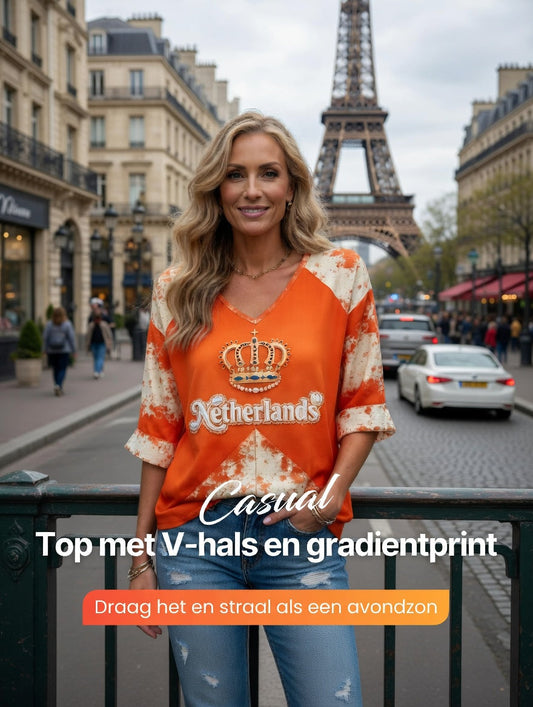 Dames oranje Nederlandse vintage patchworkprint casual T-shirt met V-hals