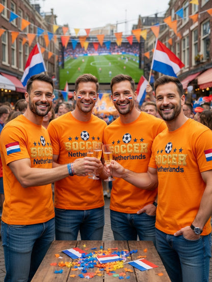 Heren oranje Nederlands voetbal patchworkprint casual t-shirt