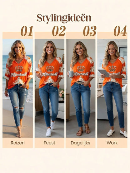 Dames oranje Nederlandse vintage patchworkprint casual T-shirt met V-hals