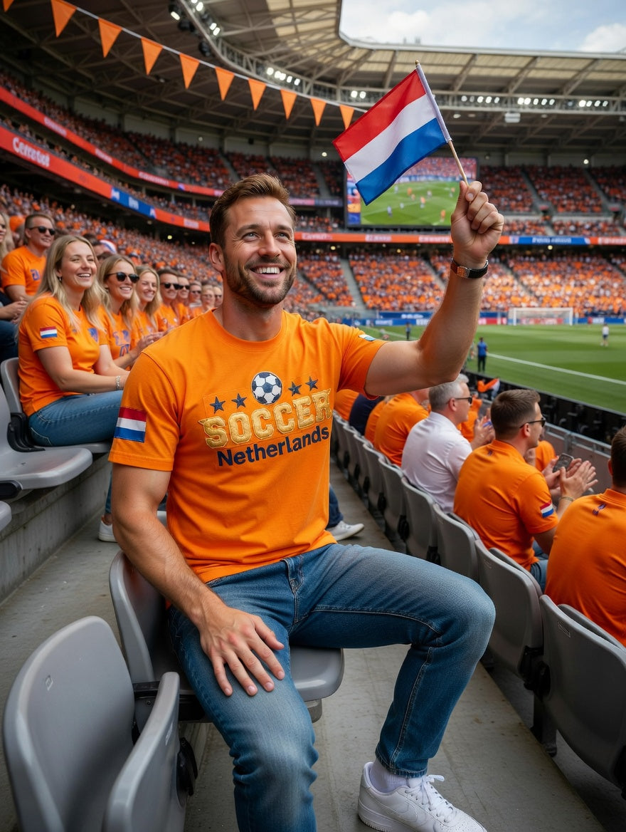 Heren oranje Nederlands voetbal patchworkprint casual t-shirt