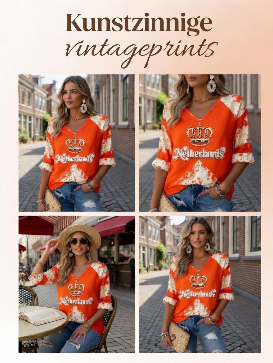 Dames oranje Nederlandse vintage patchworkprint casual T-shirt met V-hals