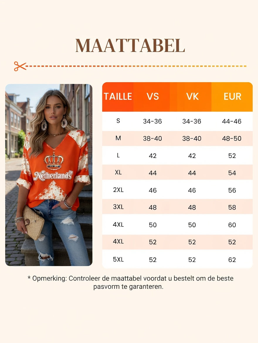 Dames oranje Nederlandse vintage patchworkprint casual T-shirt met V-hals
