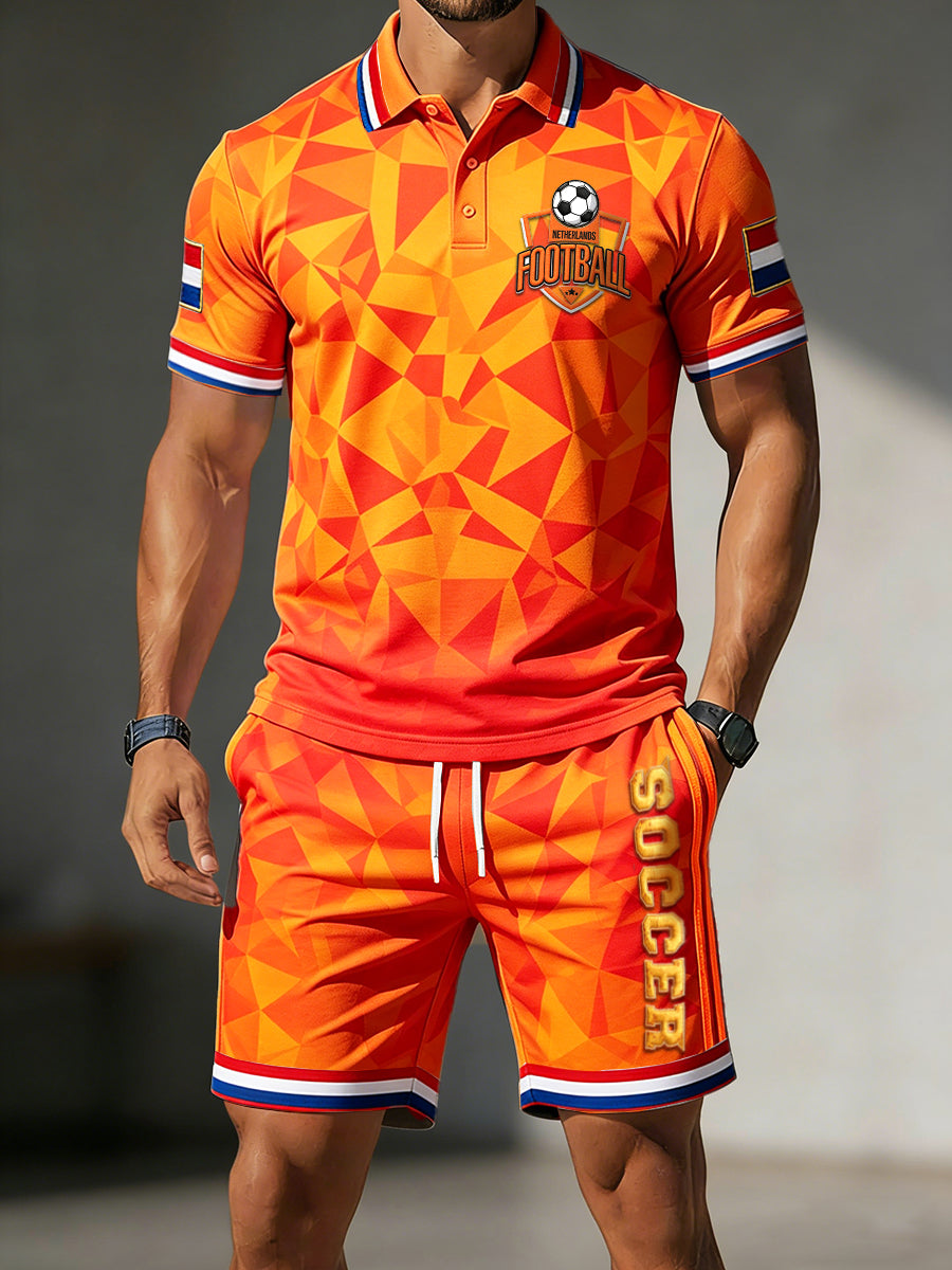 Heren oranje Nederlandse voetbalpolo met geometrisch patroon en bijpassende korte broek, casual set