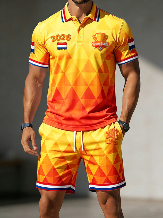 Herenset met casual poloshirt en korte broek met verloopkleur, Nederlandse voetbal- en geometrisch motief