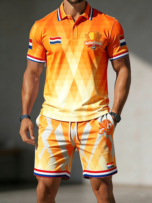 Heren oranje gradiënt Nederlandse voetbalprint casual poloshirt en korte broek set