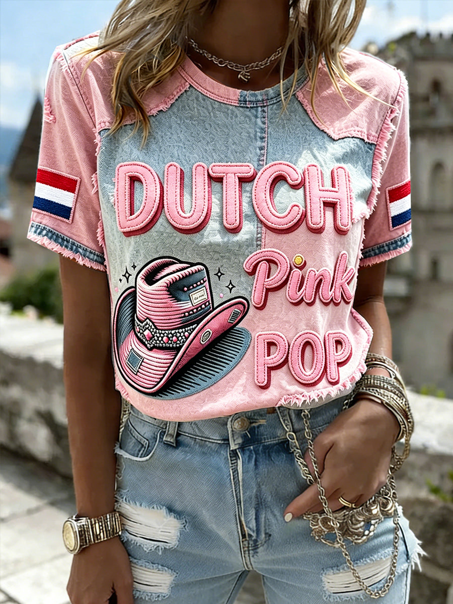 Dames roze Nederlandse popmuziek patchworkprint casual t-shirt