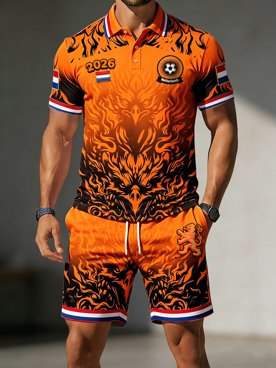 Heren 2026 Nieuw binnen Nederlandse voetbalprint casual poloshirt en korte broek set