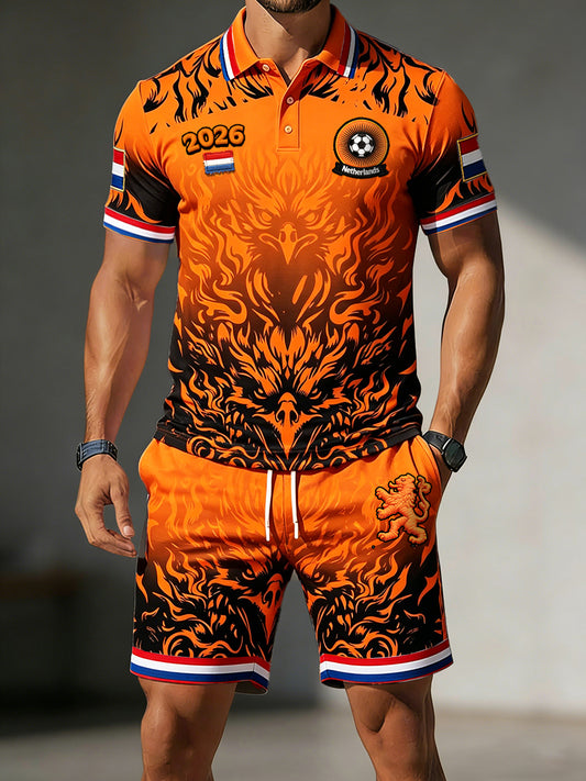 Heren 2026 Nieuw binnen Nederlandse voetbalprint casual poloshirt en korte broek set
