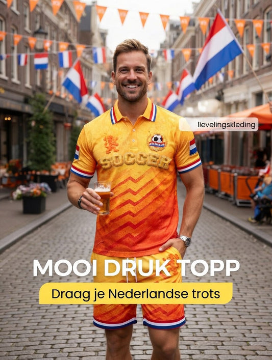 Nieuw herenpoloshirt en -shortsset met kleurverloop en Nederlandse voetbalstrepen, casual style