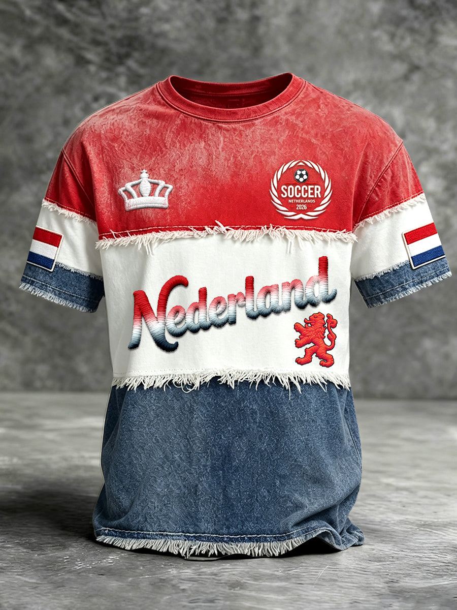 Heren Nederlandse vlag patchwork voetbalprint casual t-shirt