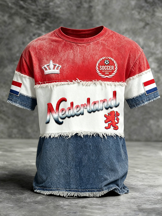 Heren Nederlandse vlag patchwork voetbalprint casual t-shirt