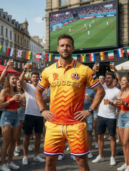 Nieuw herenpoloshirt en -shortsset met kleurverloop en Nederlandse voetbalstrepen, casual style