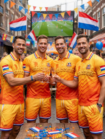 Nieuw herenpoloshirt en -shortsset met kleurverloop en Nederlandse voetbalstrepen, casual style