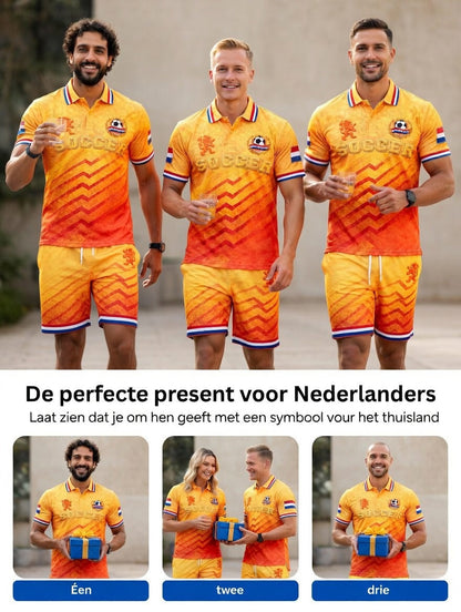 Nieuw herenpoloshirt en -shortsset met kleurverloop en Nederlandse voetbalstrepen, casual style