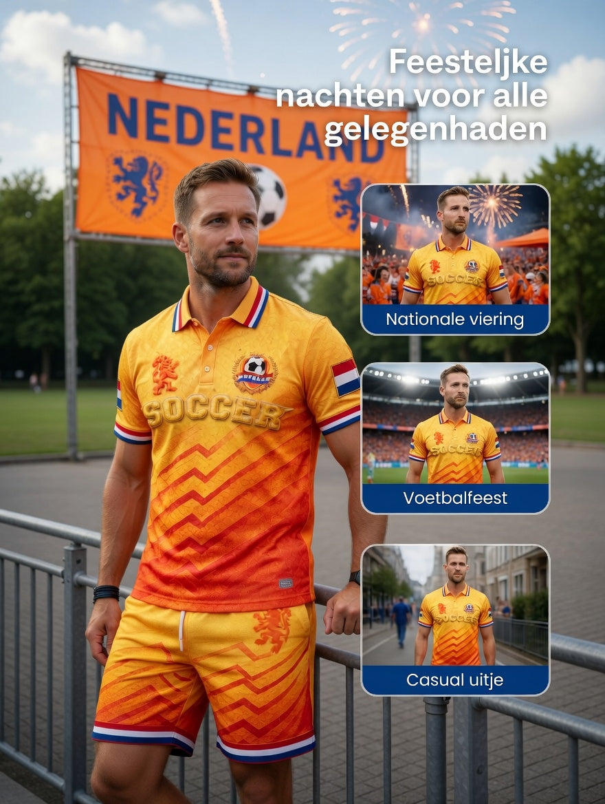 Nieuw herenpoloshirt en -shortsset met kleurverloop en Nederlandse voetbalstrepen, casual style