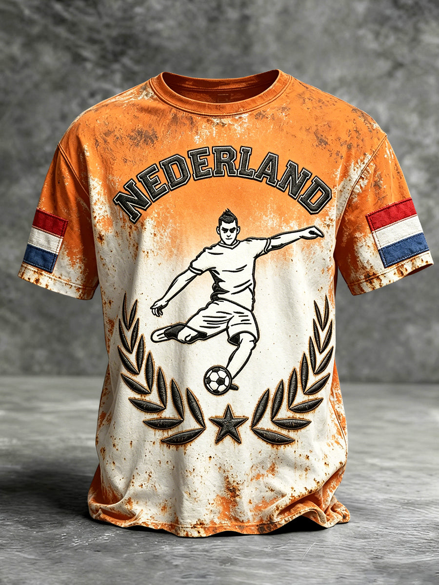 Heren vintage gradiënt Nederlandse voetbalprint casual t-shirt