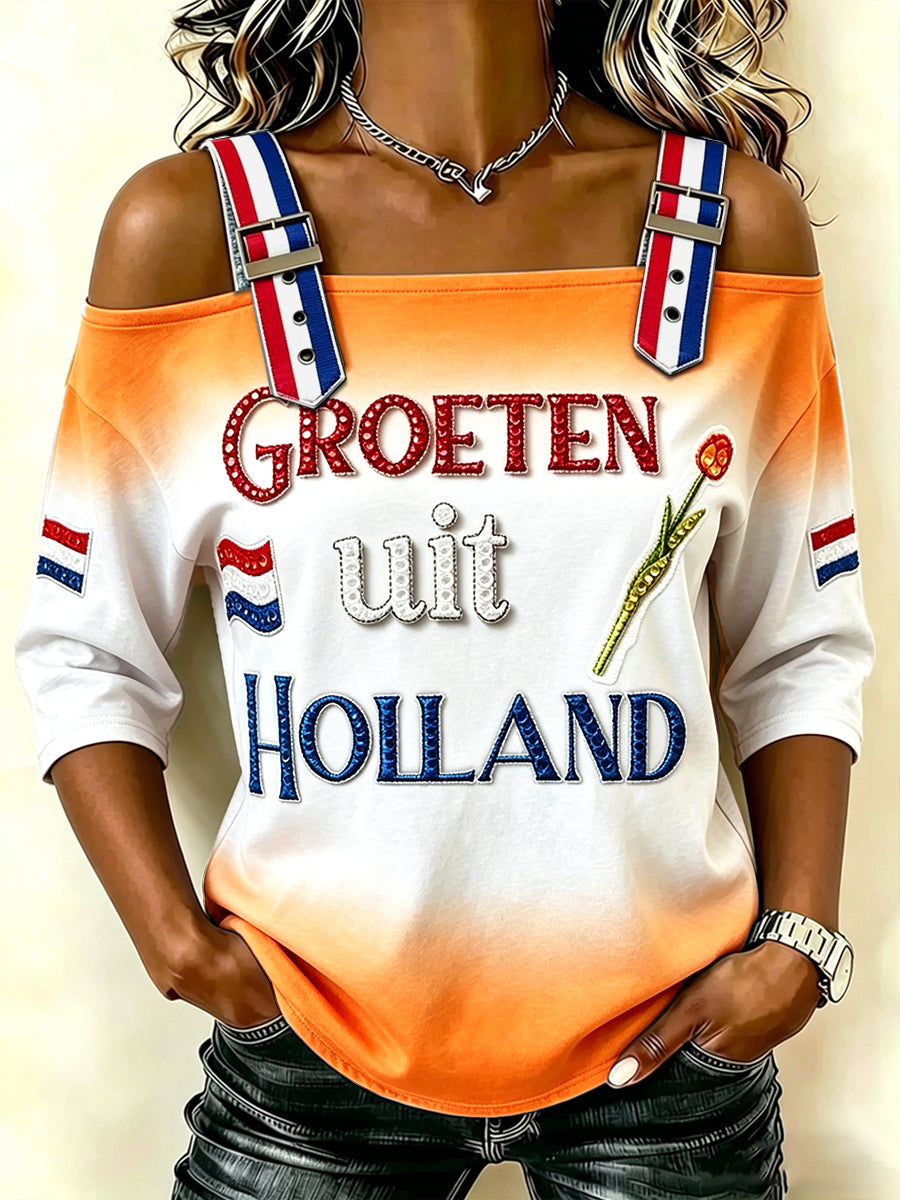 Dames T-shirt met 3D-geprint vlag van Nederland, casual, strapless