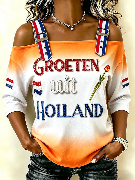 Dames T-shirt met 3D-geprint vlag van Nederland, casual, strapless
