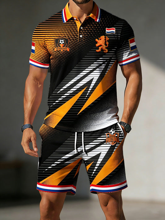 Heren zwart Nederlands Voetbal Stripe Print Casual T-shirt en korte broek