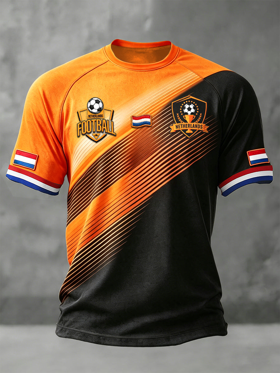 Zwart en oranje gestreepte Nederlandse voetbalprint casual drop-shoulder T-shirt voor heren