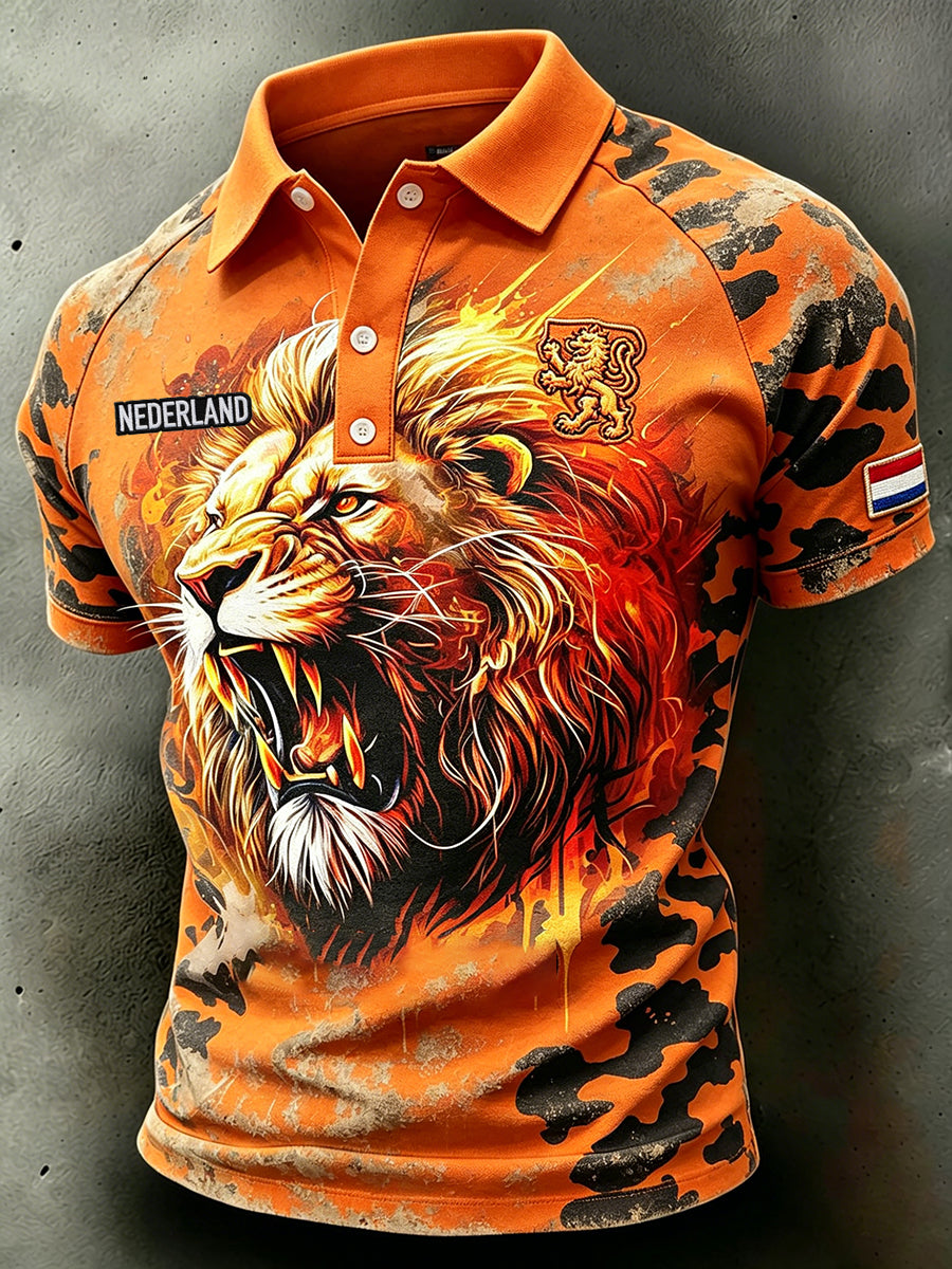 Herenpolo met verweerd camouflagepatroon, leeuwenprint en raglanmouwen