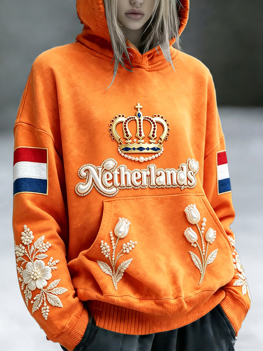 Dames Nederlands 3D-geprint casual oranje sweatshirt met capuchon
