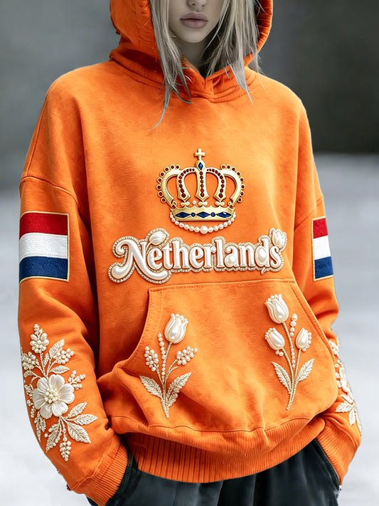 Dames Nederlands 3D-geprint casual oranje sweatshirt met capuchon