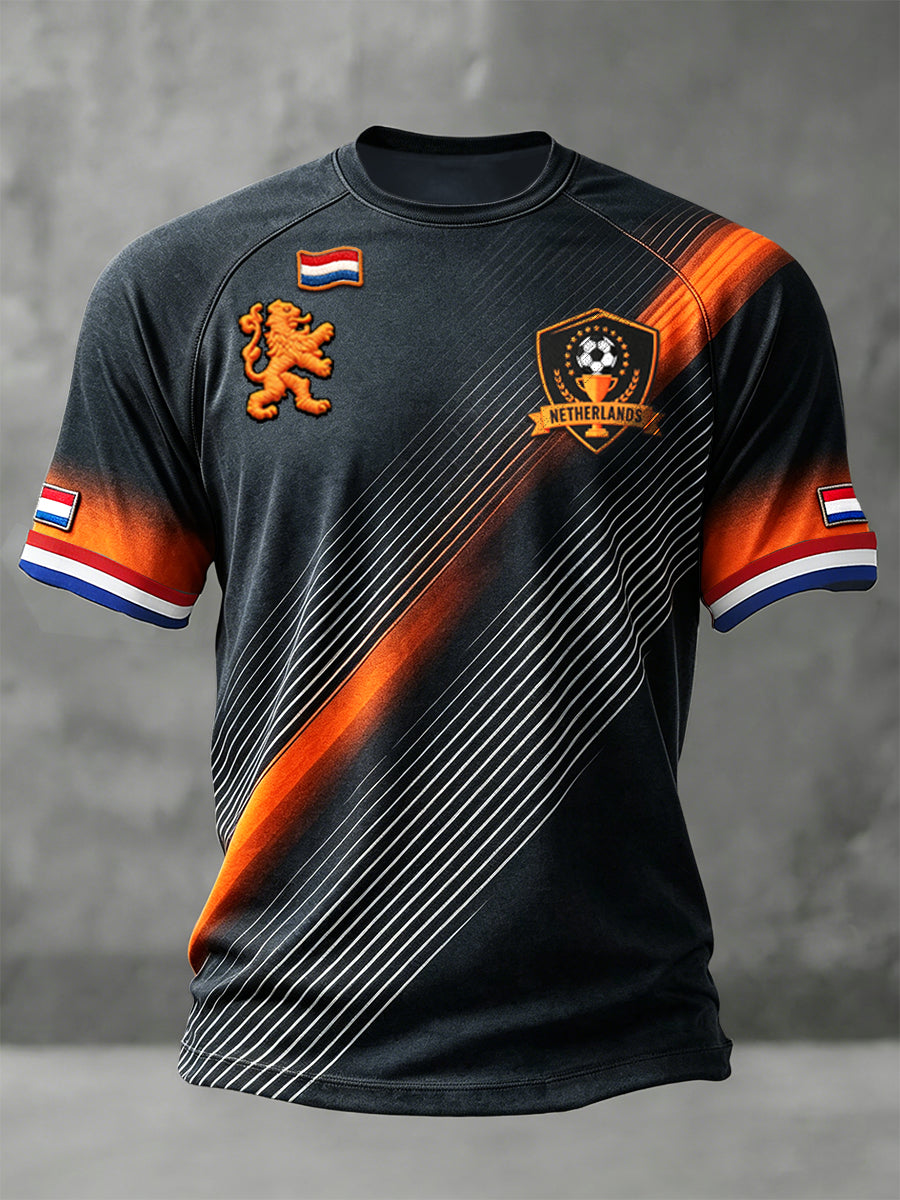 Heren zwart gestreepte Nederlandse voetbalprint casual drop-shoulder jersey t-shirt
