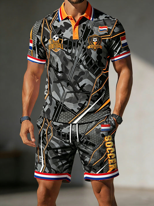 Heren zwart Nederlands voetbal-geïnspireerde coole print casual sport popo shirt en korte broek set