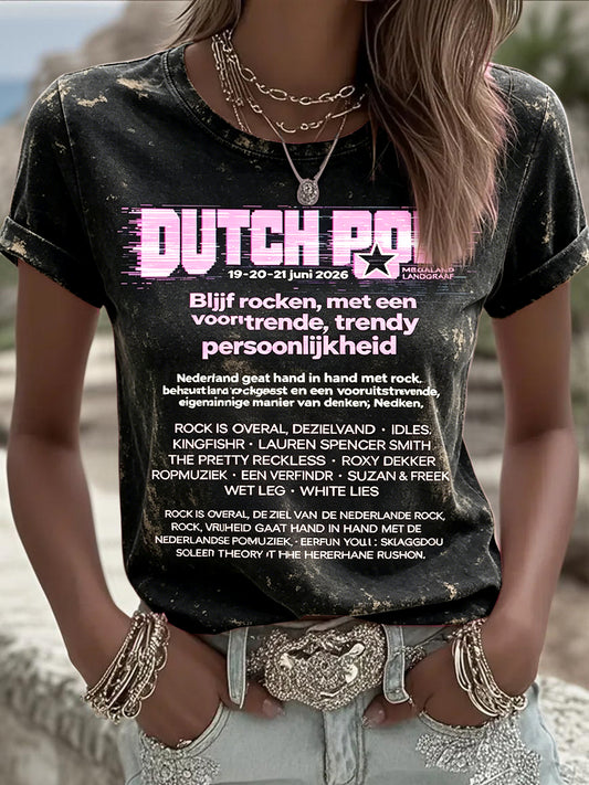 Dames vintage zwart Nederlands pop-artprint casual T-shirt