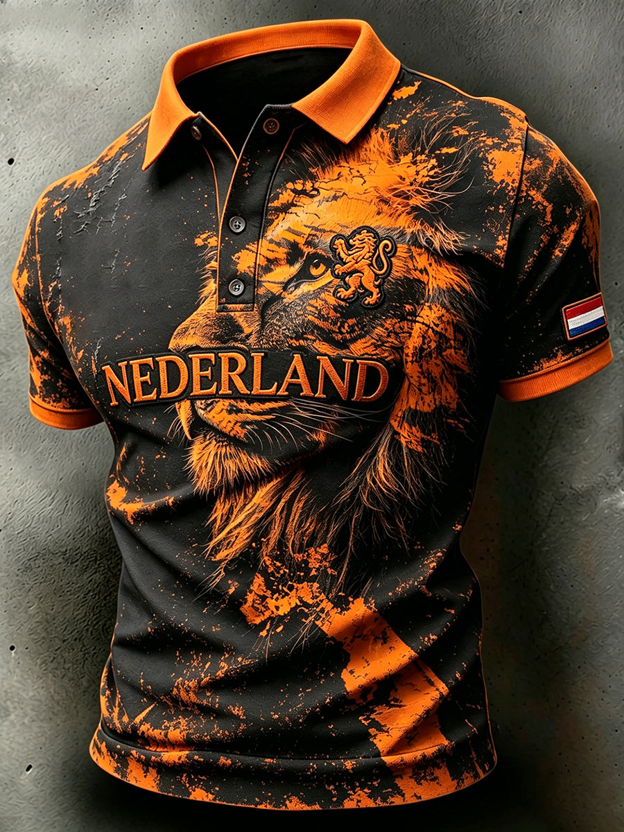 Herenpolo met slijtage-effect en leeuwenprint