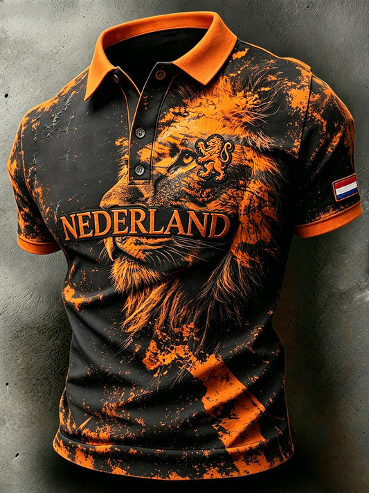 Herenpolo met slijtage-effect en leeuwenprint