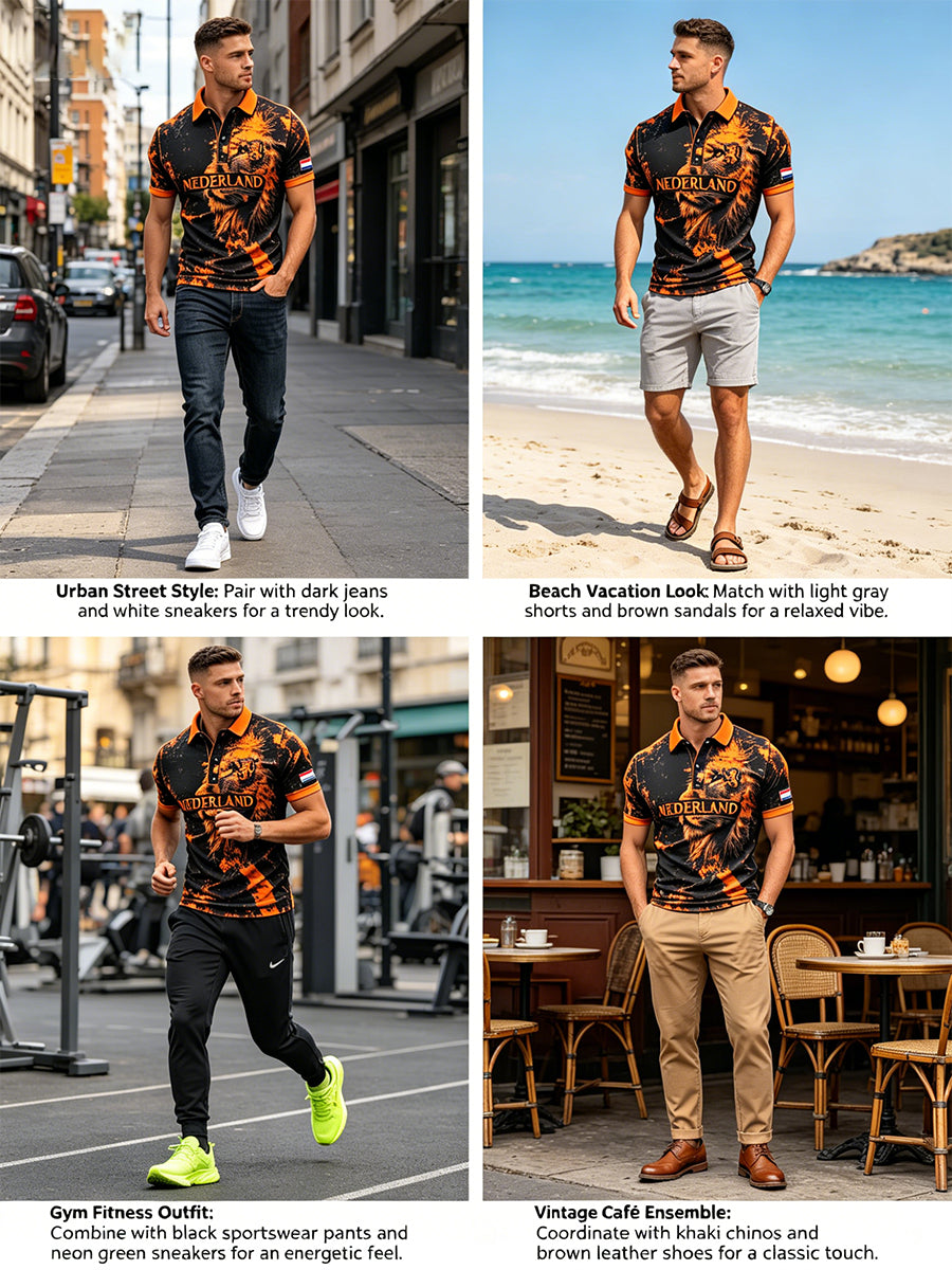 Herenpolo met slijtage-effect en leeuwenprint