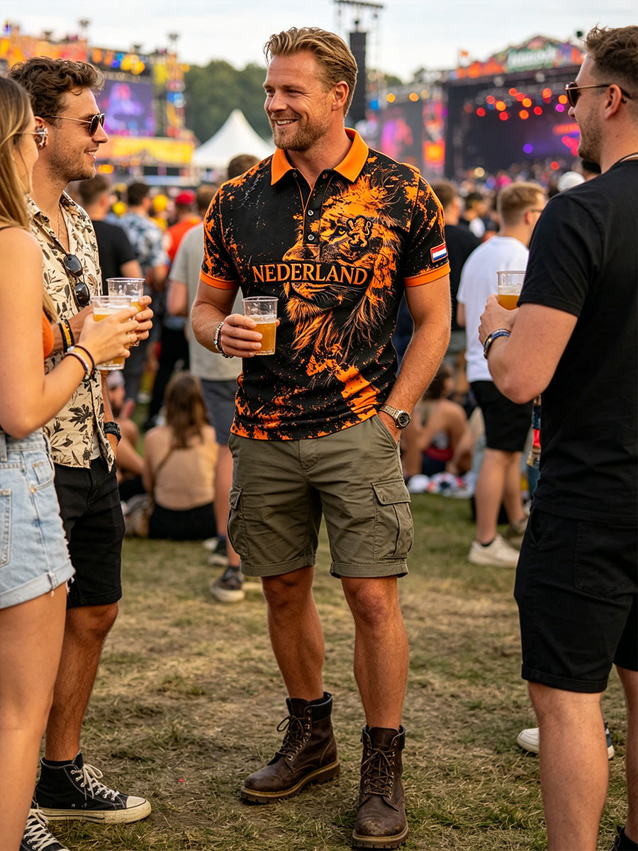 Herenpolo met slijtage-effect en leeuwenprint