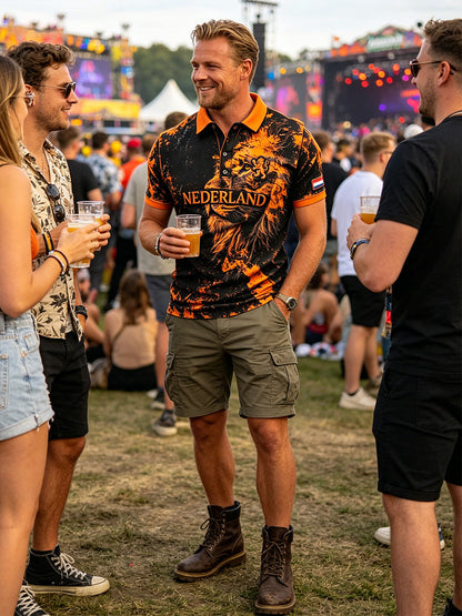 Herenpolo met slijtage-effect en leeuwenprint