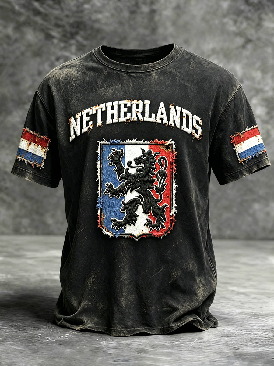 Heren Nederlandse vlag patchwork print casual retro zwarte t-shirt
