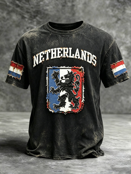Heren Nederlandse vlag patchwork print casual retro zwarte t-shirt