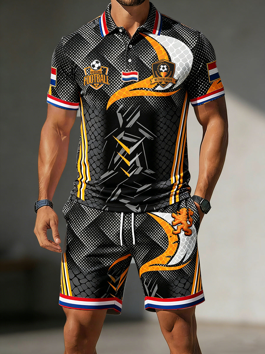 Heren zwarte Nederlandse vlag voetbalprint casual sport popo shirt en korte broek set