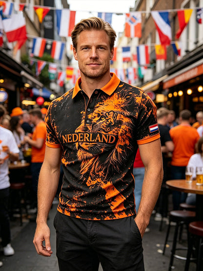 Herenpolo met slijtage-effect en leeuwenprint